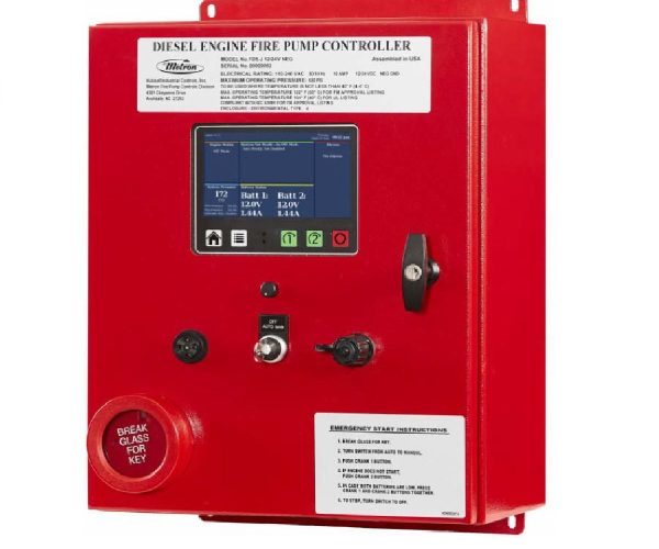 Metron’s FD5 microprocessor diesel engine-driven fire pump controller with a touchscreen display